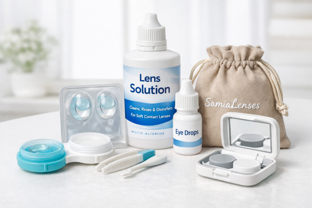 Free lens pouch, solution and lens kit with contact lenses
